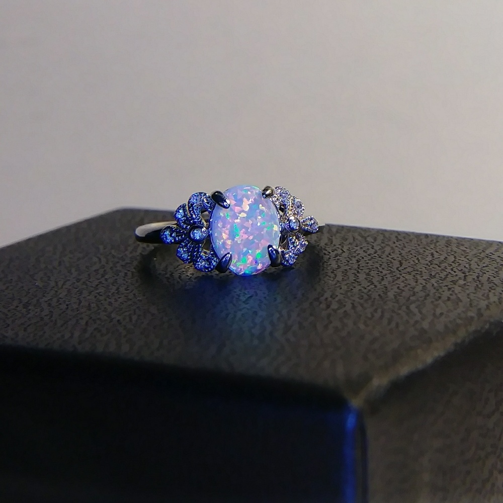 White Fire Oval Opal Sterling Silver Ring
